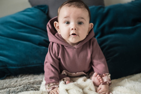 Baby Fashion, Baby Style, Baby Line, Baby Clothes, Handmade, Designed and Made by survivors of Human Trafficking, Made by moms for moms, Made in Canada, Made in Nepal, ethically made, textile products, products of hope, sewn with purpose, baby hoodie, baby sweatpants, mauve, floral print