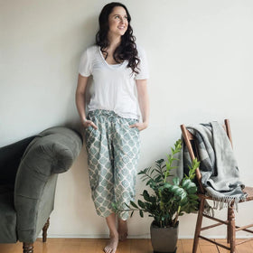 Lounge wear, pajama pants, comfort line, textile products, sewn with purpose, Women's Fashion, Handmade accessories designed and made by survivors of human trafficking, made in Nepal, capri pants, geometric print, block print, sky blue color