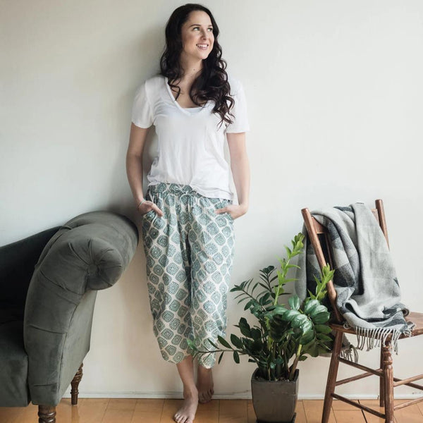 Lounge wear, pajama pants, comfort line, textile products, sewn with purpose, Women's Fashion, Handmade accessories designed and made by survivors of human trafficking, made in Nepal, capri pants, geometric print, block print, sky blue color