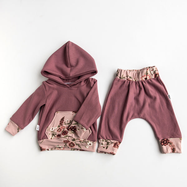 Baby Fashion, Baby Style, Baby Line, Baby Clothes, Handmade, Designed and Made by survivors of Human Trafficking, Made by moms for moms, Made in Canada, Made in Nepal, ethically made, textile products, products of hope, sewn with purpose, baby hoodie, baby sweatpants, mauve, floral print
