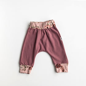 Baby Fashion, Baby Style, Baby Line, Baby Clothes, Handmade, Designed and Made by survivors of Human Trafficking, Made by moms for moms, Made in Canada, Made in Nepal, ethically made, textile products, products of hope, sewn with purpose, baby sweatpants, mauve, floral print