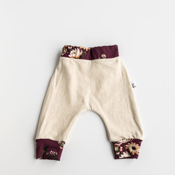 Baby Fashion, Baby Style, Baby Line, Baby Clothes, Handmade, Designed and Made by survivors of Human Trafficking, Made by moms for moms, Made in Canada, Made in Nepal, ethically made, textile products, products of hope, sewn with purpose, baby sweatpants, heather almond, floral burgundy print